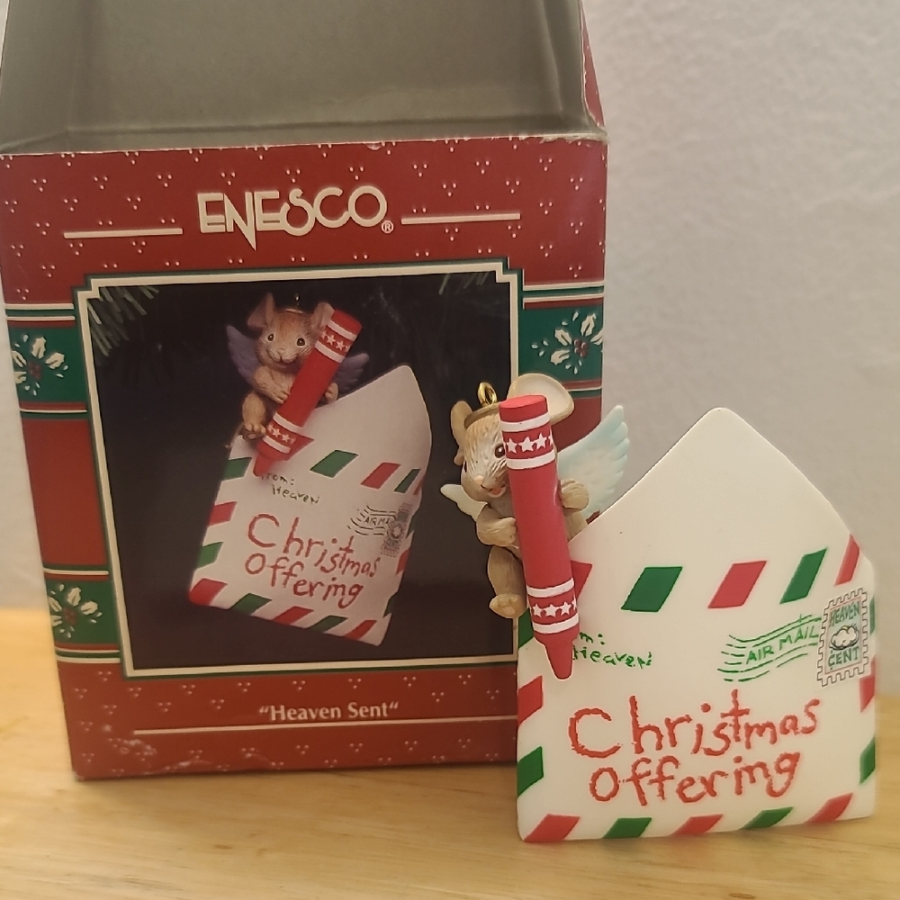 Enesco Mouse Angel with Red and Green Christmas Envelope Ornament
